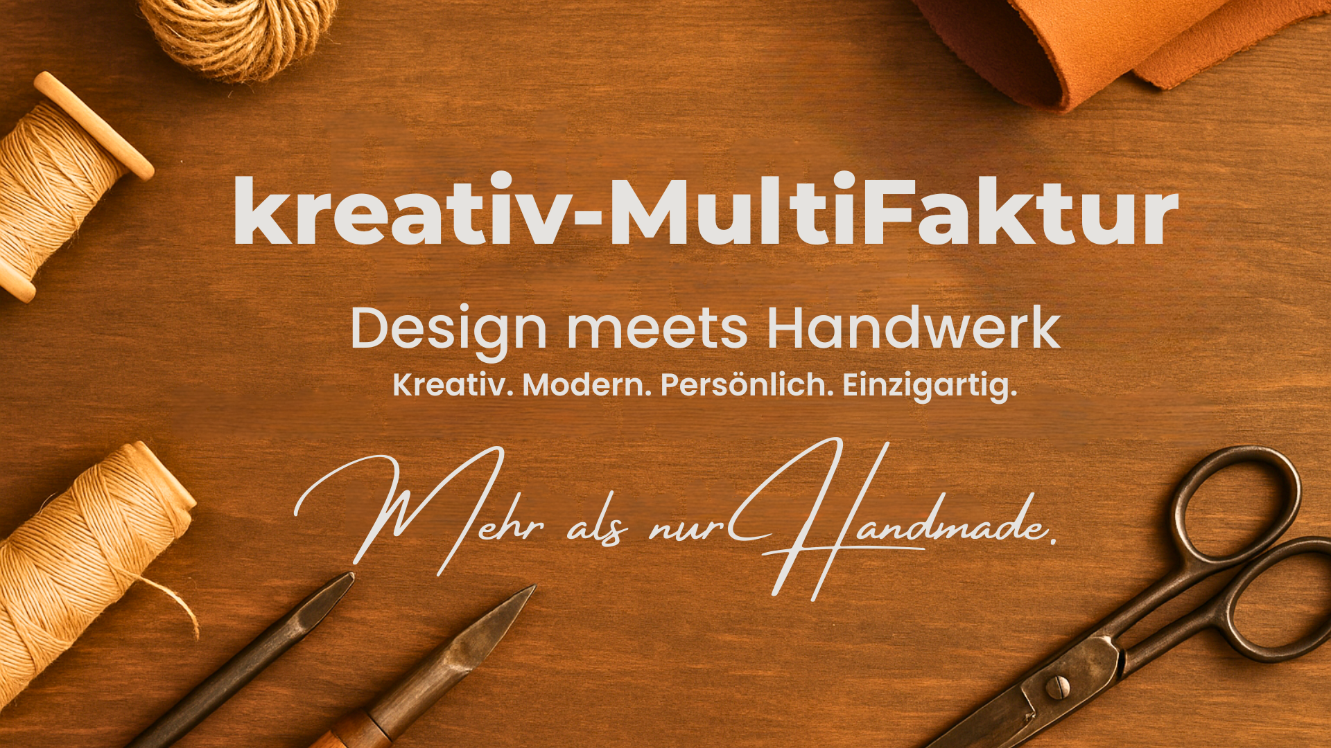 Handwerkliches Bannerbild der kreativ-Multifaktur mit Holzuntergrund, Garnrollen, Schere und dem Schriftzug ‚Design meets Handwerk